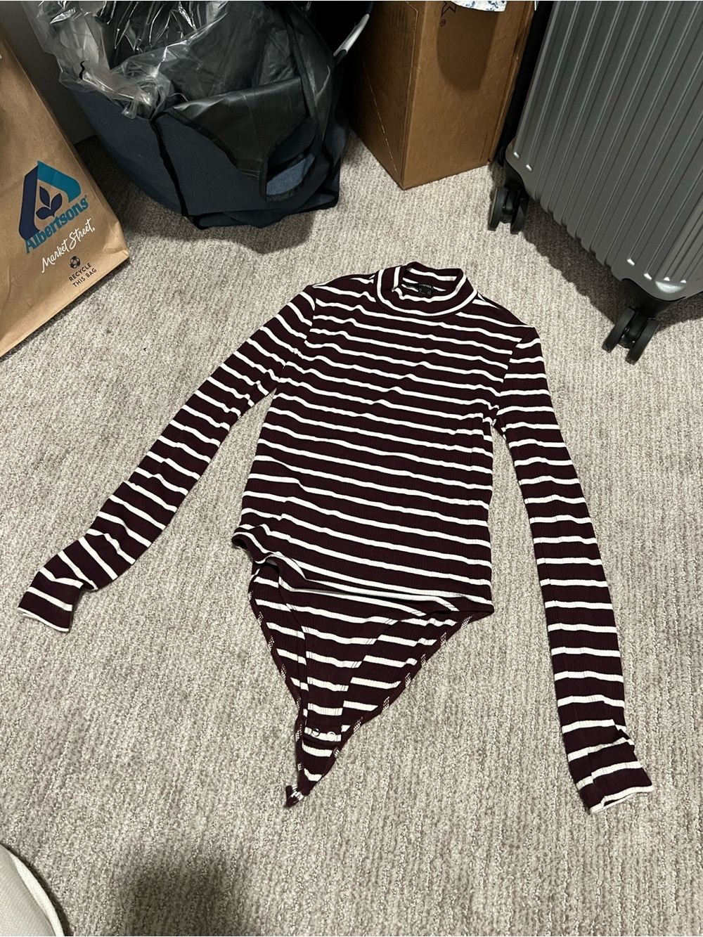 Forever 21 Maroon and White Striped Long-Sleeve Bodysuit